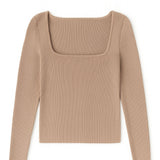 Beige ribbed long-sleeve top on a white background