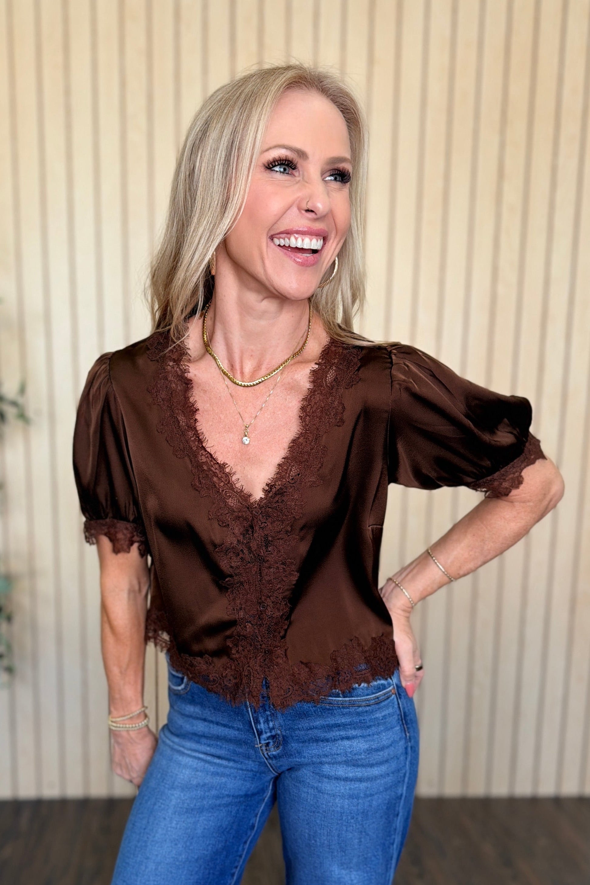 Aria Satin Lace Puff Sleeve Blouse