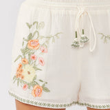 Embroidered Smocked Waist Drawstring Shorts Cream/Coral