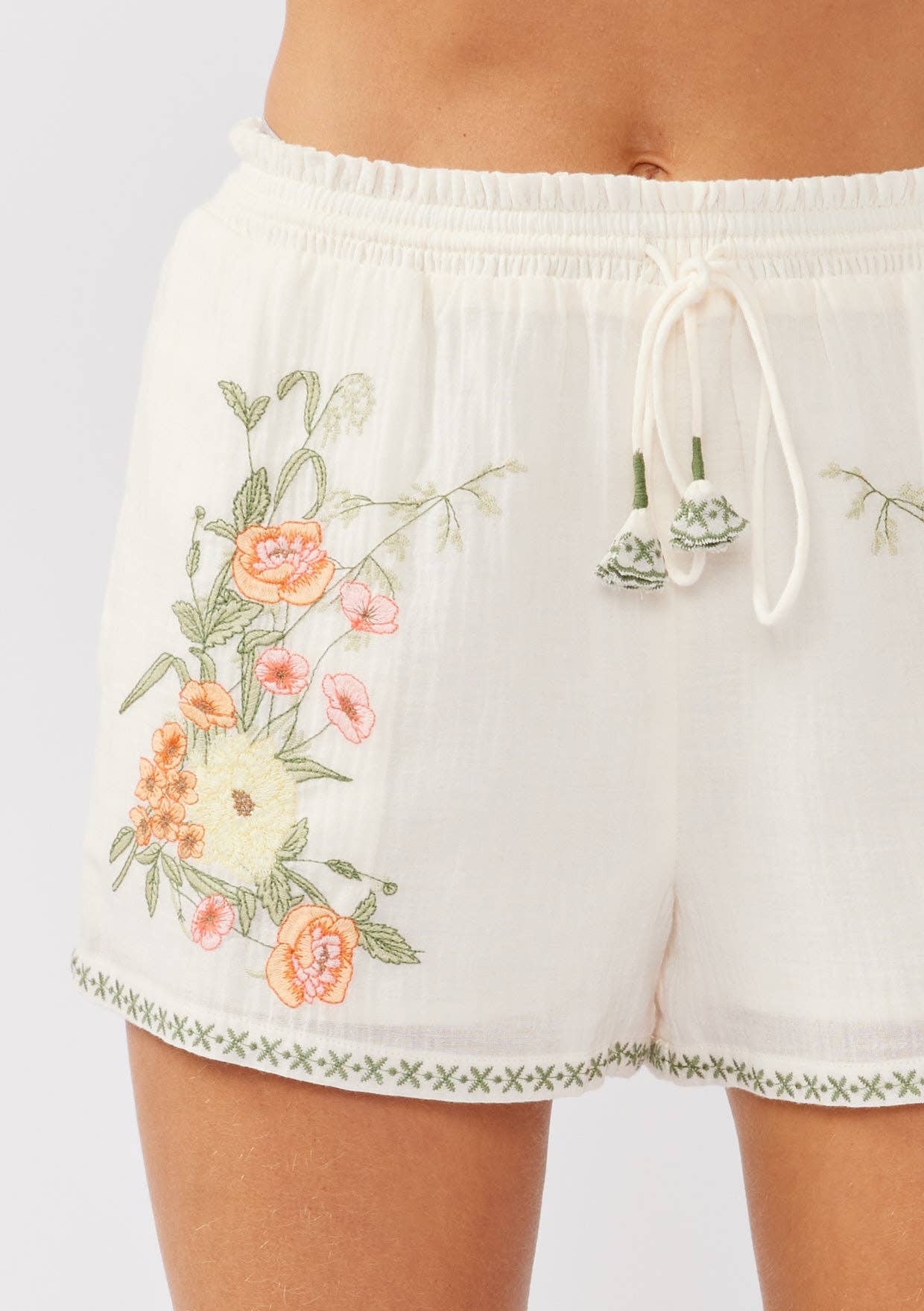 Embroidered Smocked Waist Drawstring Shorts Cream/Coral