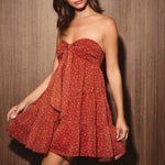Marlowe Strapless Tiered Mini Dress in brick ditsy print, bodice detail