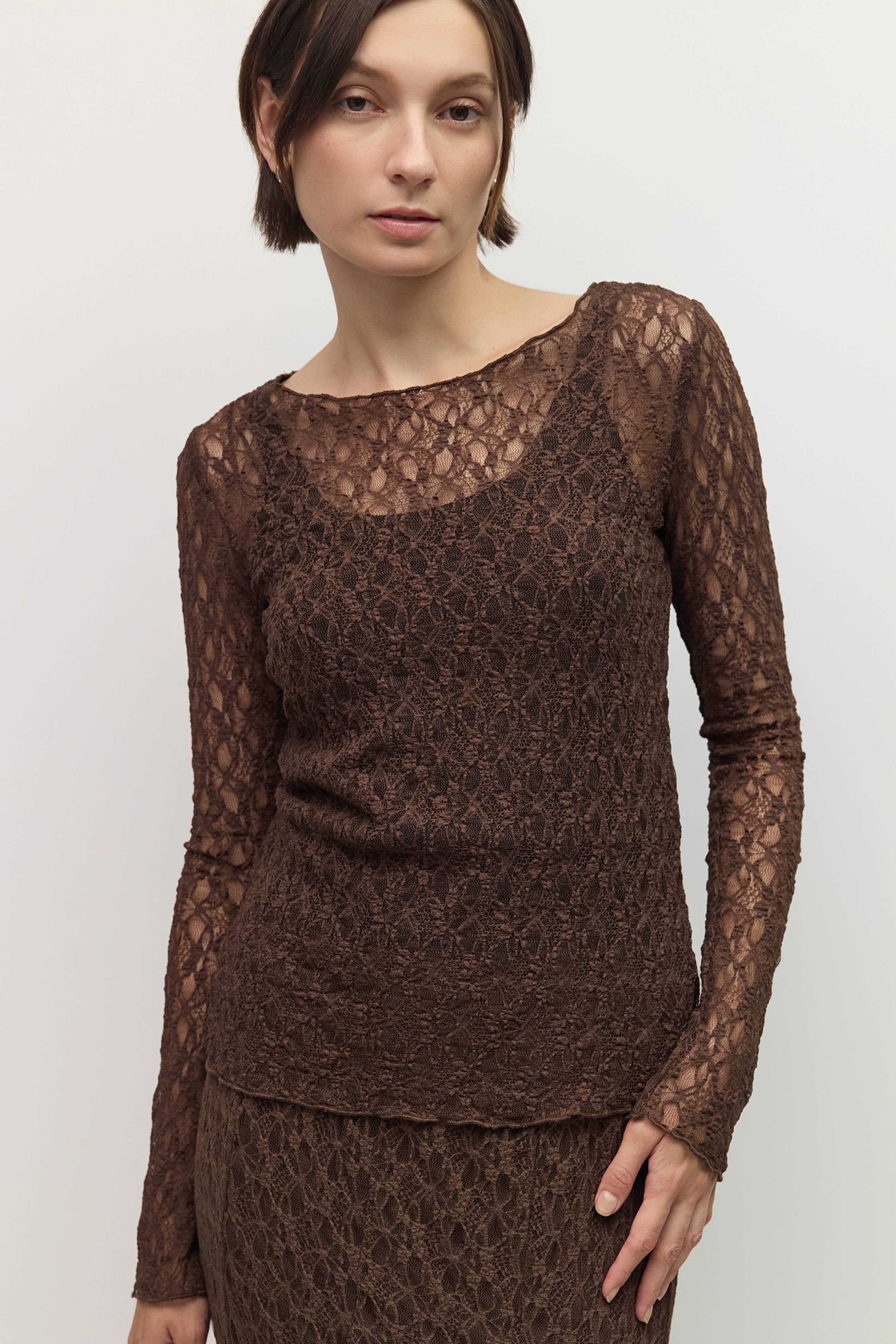 Willow Sheer Lace Top in Brown, back view