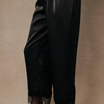 Firelight Satin Lace Hem Pants in Black, lace applique hem detail