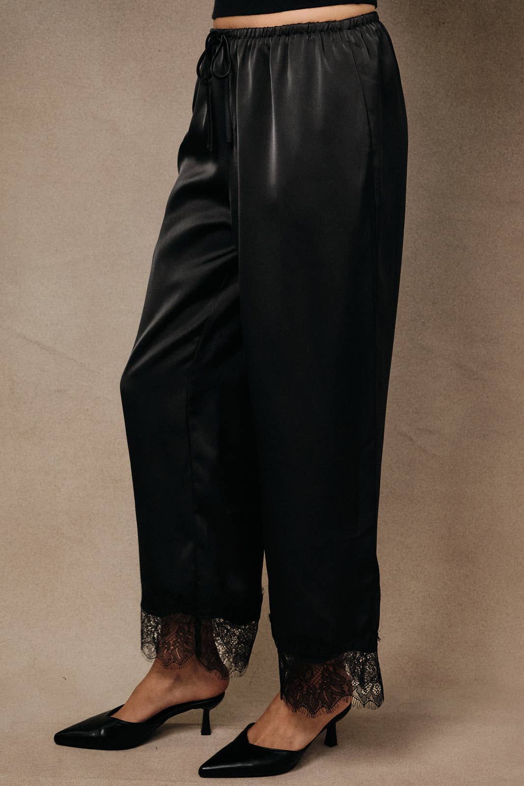 Firelight Satin Lace Hem Pants in Black, lace applique hem detail