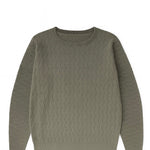 Green cable knit sweater on a white background