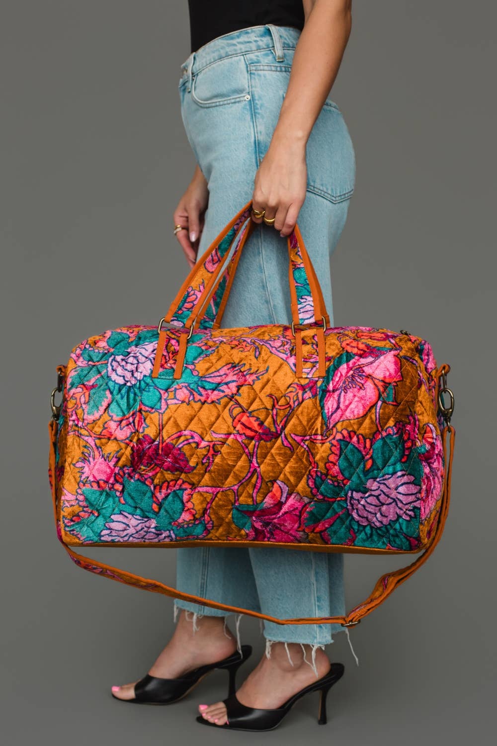 Wildflower Woven Duffel in burnt orange floral, side