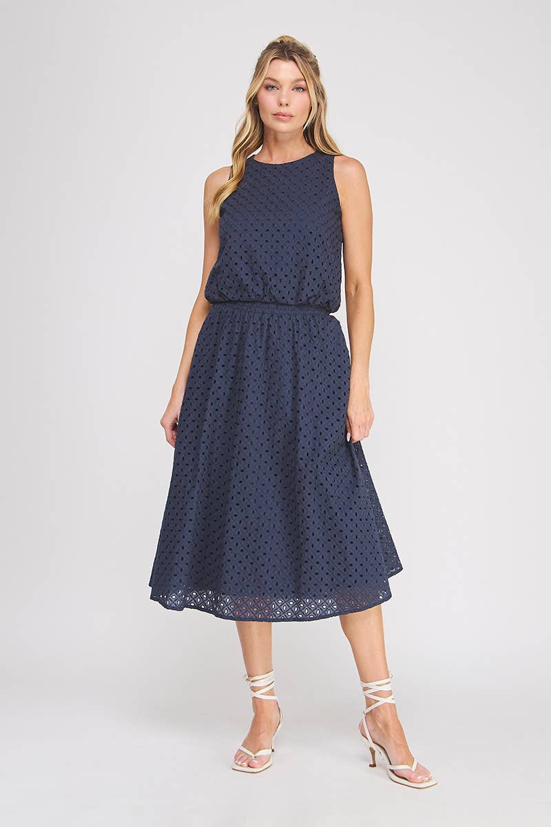 Delaney Eyelet Midi Skirt with Pockets navy full look