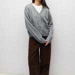 HGREY 2 fuzzy knit cardigan in heather grey, three quarter view