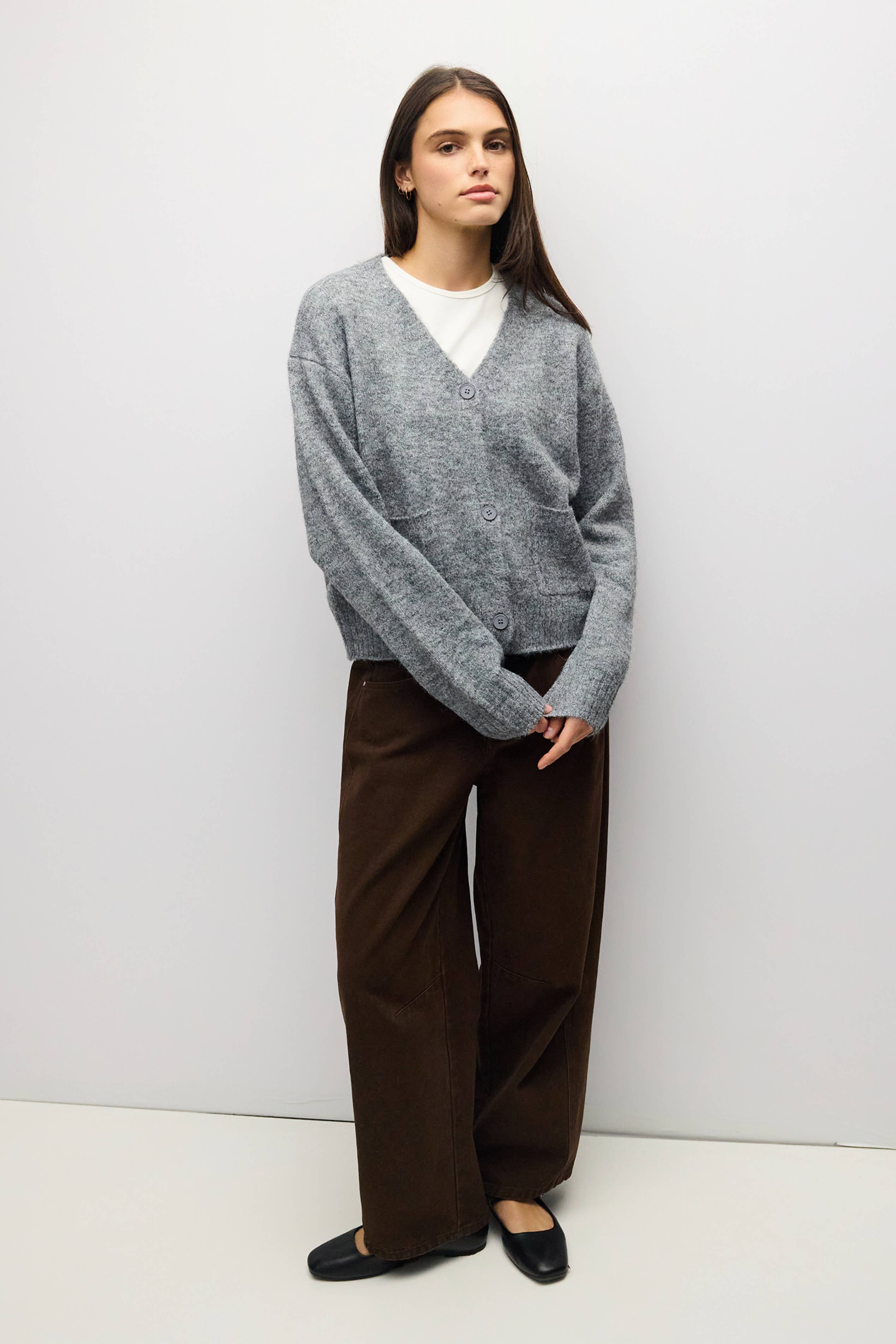 HGREY 2 fuzzy knit cardigan in heather grey, three quarter view