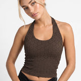 Davina Floral Lace Halter Crop Top in Chocolate