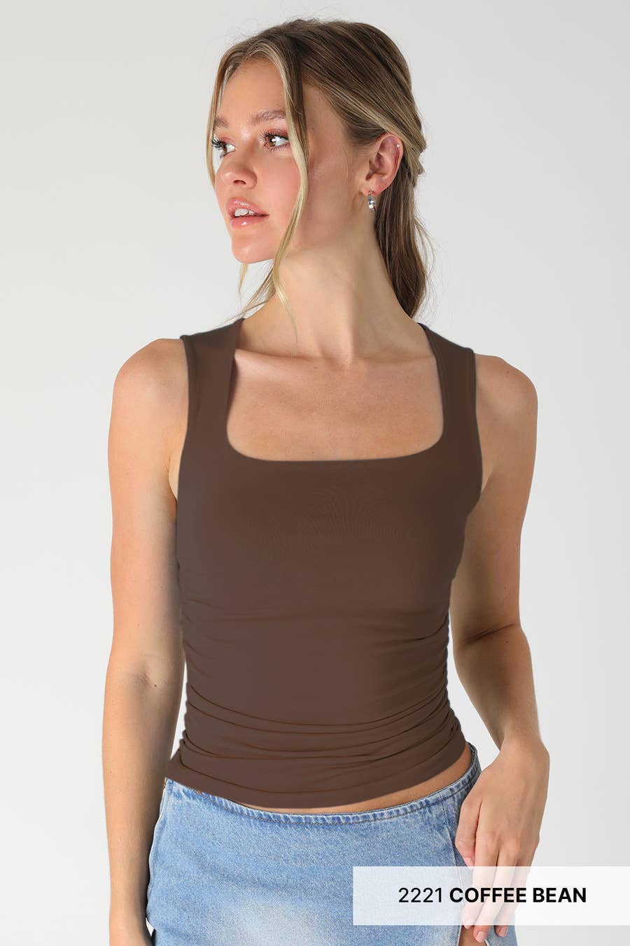 Carly Clean Line Square Shirred Top in Coffee Bean