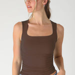 Carly Clean Line Square Shirred Top in Coffee Bean