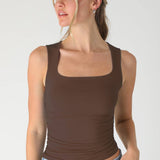 Carly Clean Line Square Shirred Top in Coffee Bean