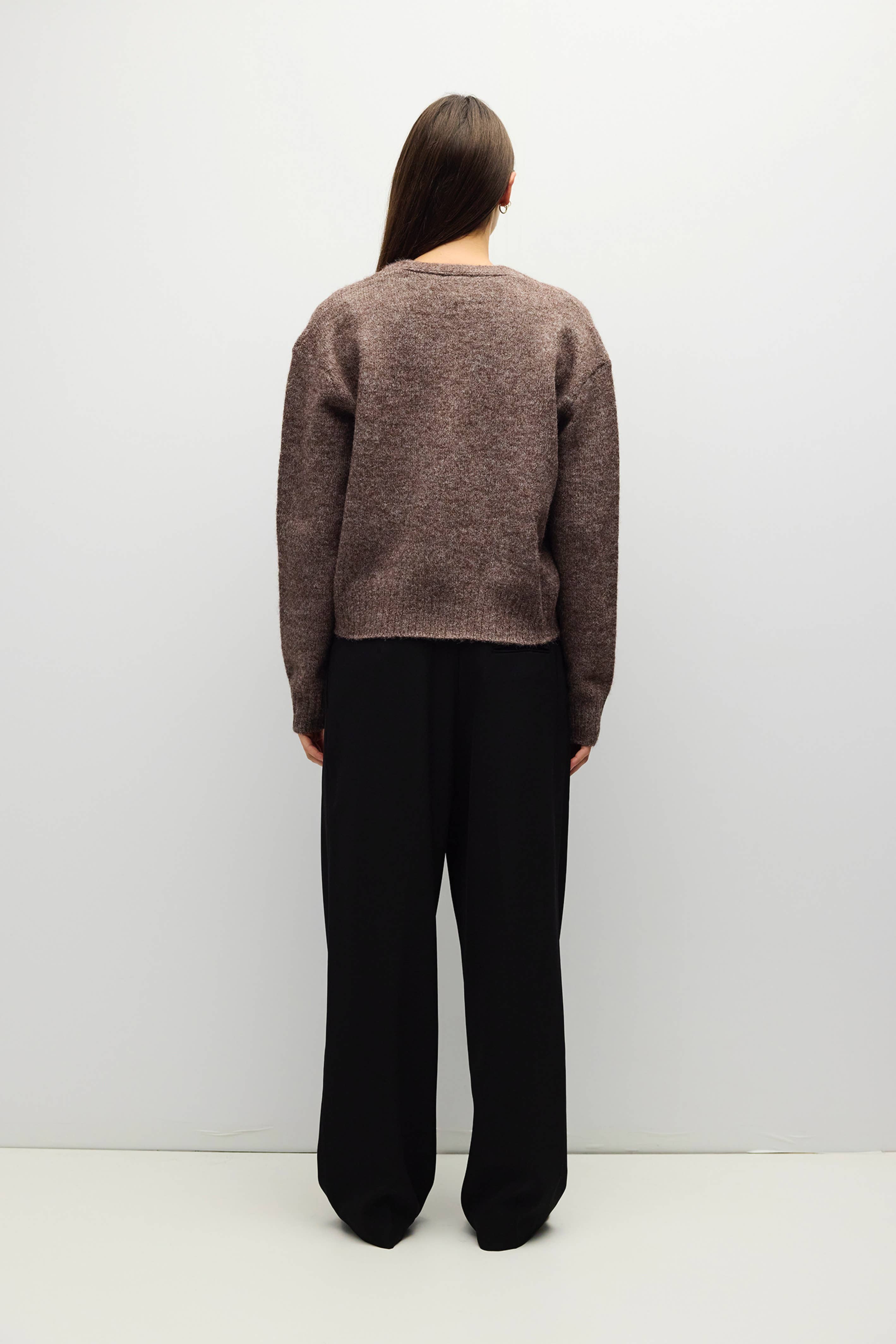 BROWN 4 fuzzy knit cardigan in brown, back view