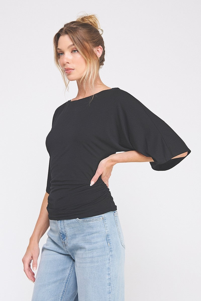 Isla Double Knit Angel Sleeve Cinch Top black side
