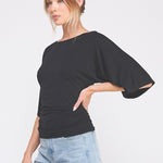 Isla Double Knit Angel Sleeve Cinch Top black side