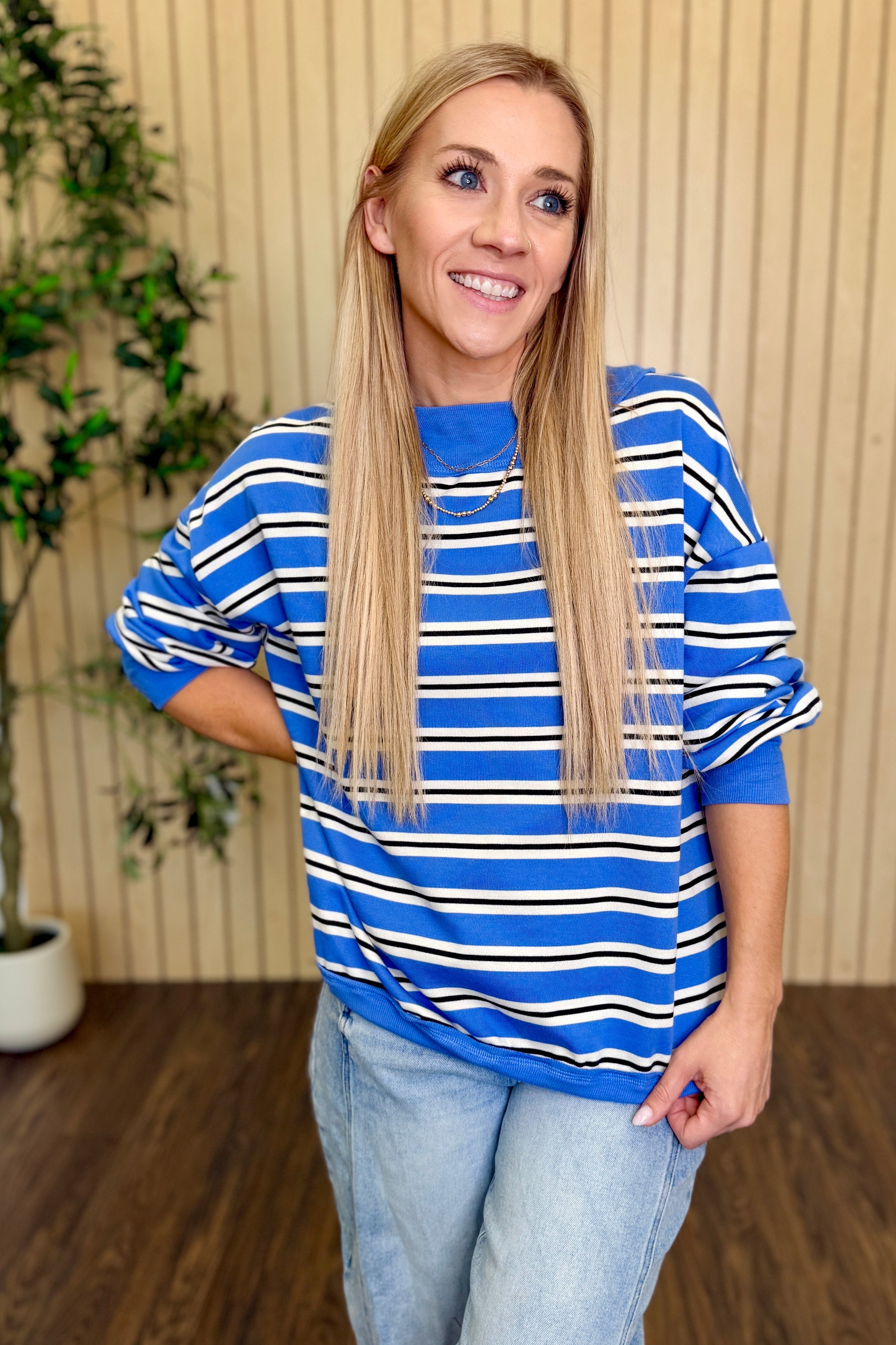 Bayside Contrast Wide Neck Stripe Knit Top