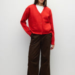 RED 1 fuzzy knit V neck cardigan in red, front view