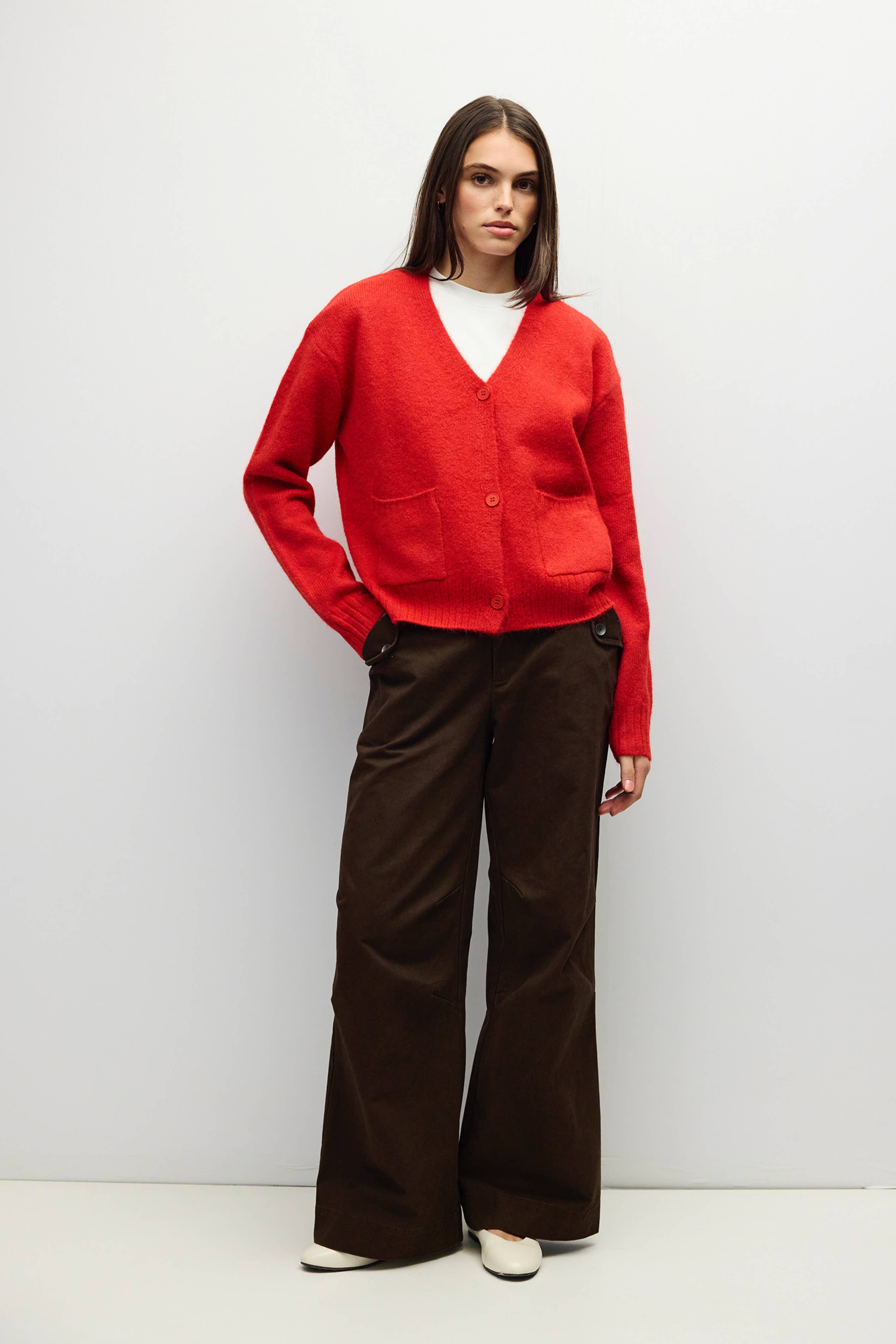 RED 1 fuzzy knit V neck cardigan in red, front view
