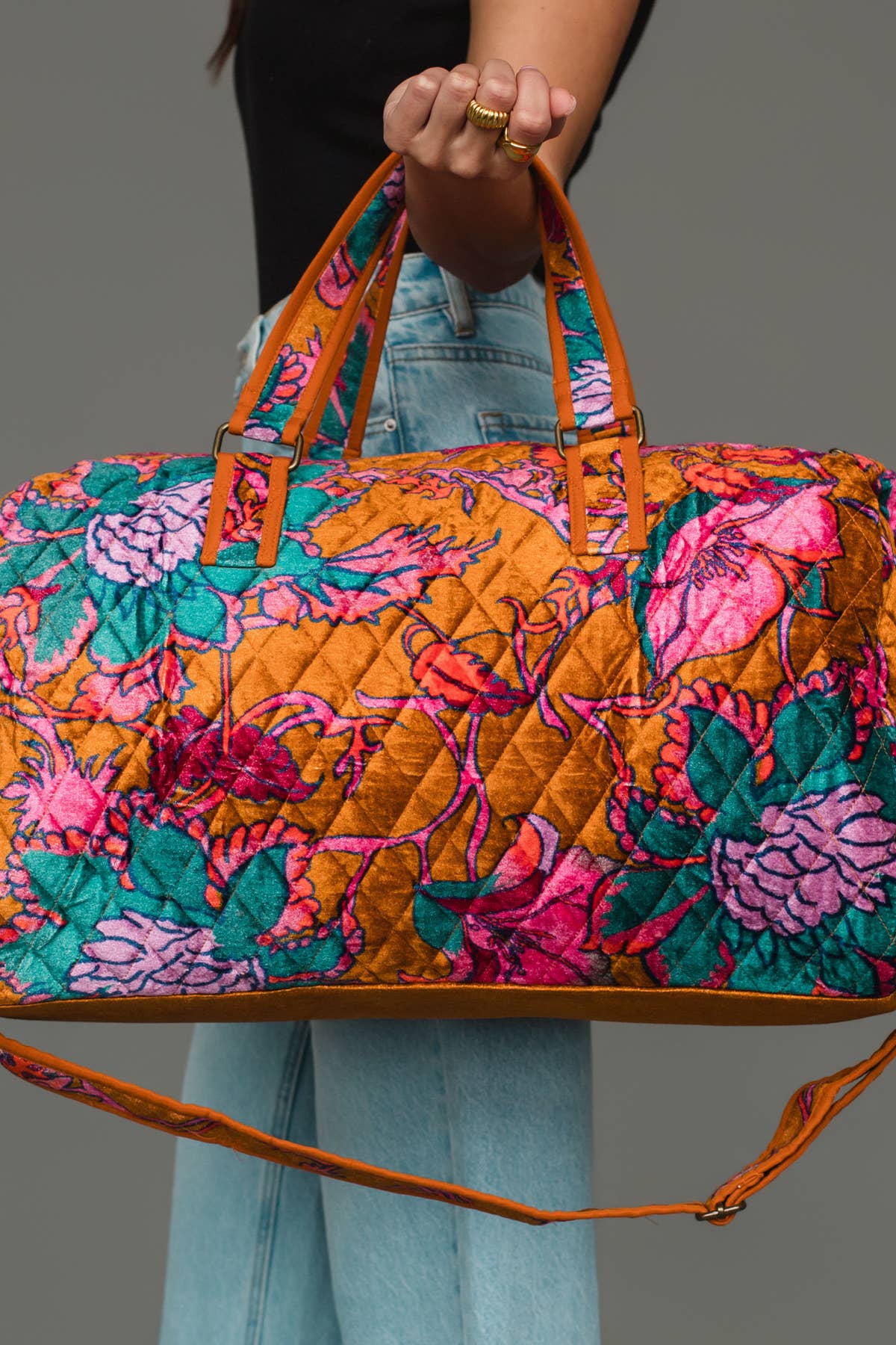Wildflower Woven Duffel in burnt orange floral