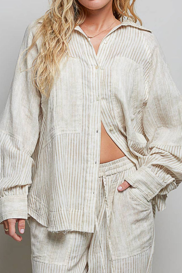 Stripe Woven Oversized Raglan Button Shirt