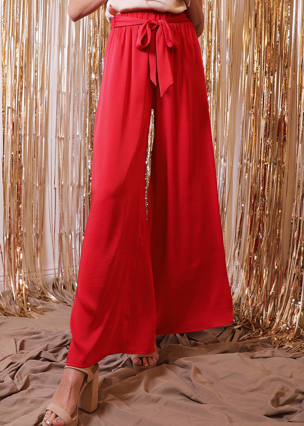 Tyche - Womens - Bottoms - Pants - Back In Time Poly Silk Tie Waist Pants - MTT Collective