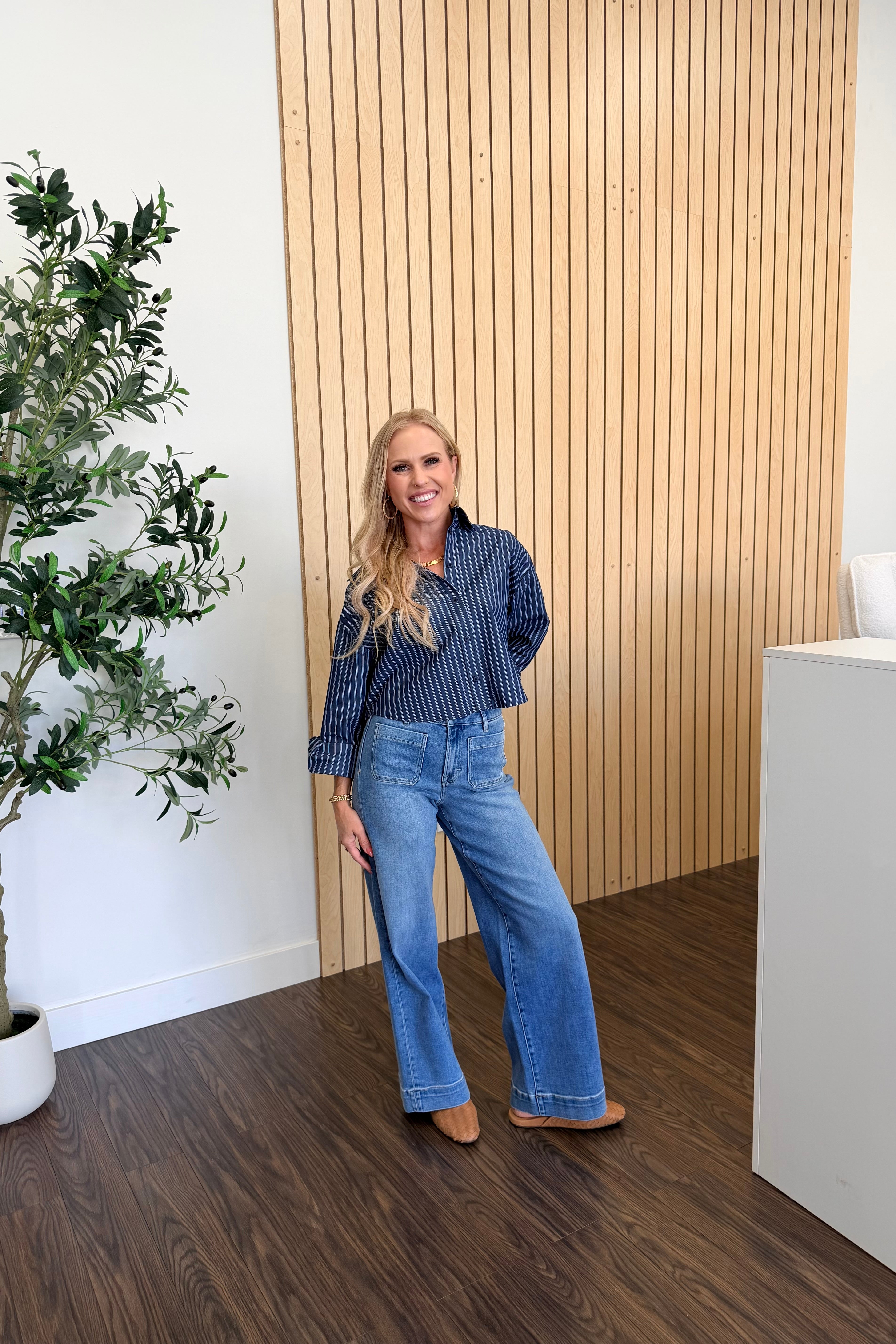 Harbor Pinstripe Cotton Crop Shirt