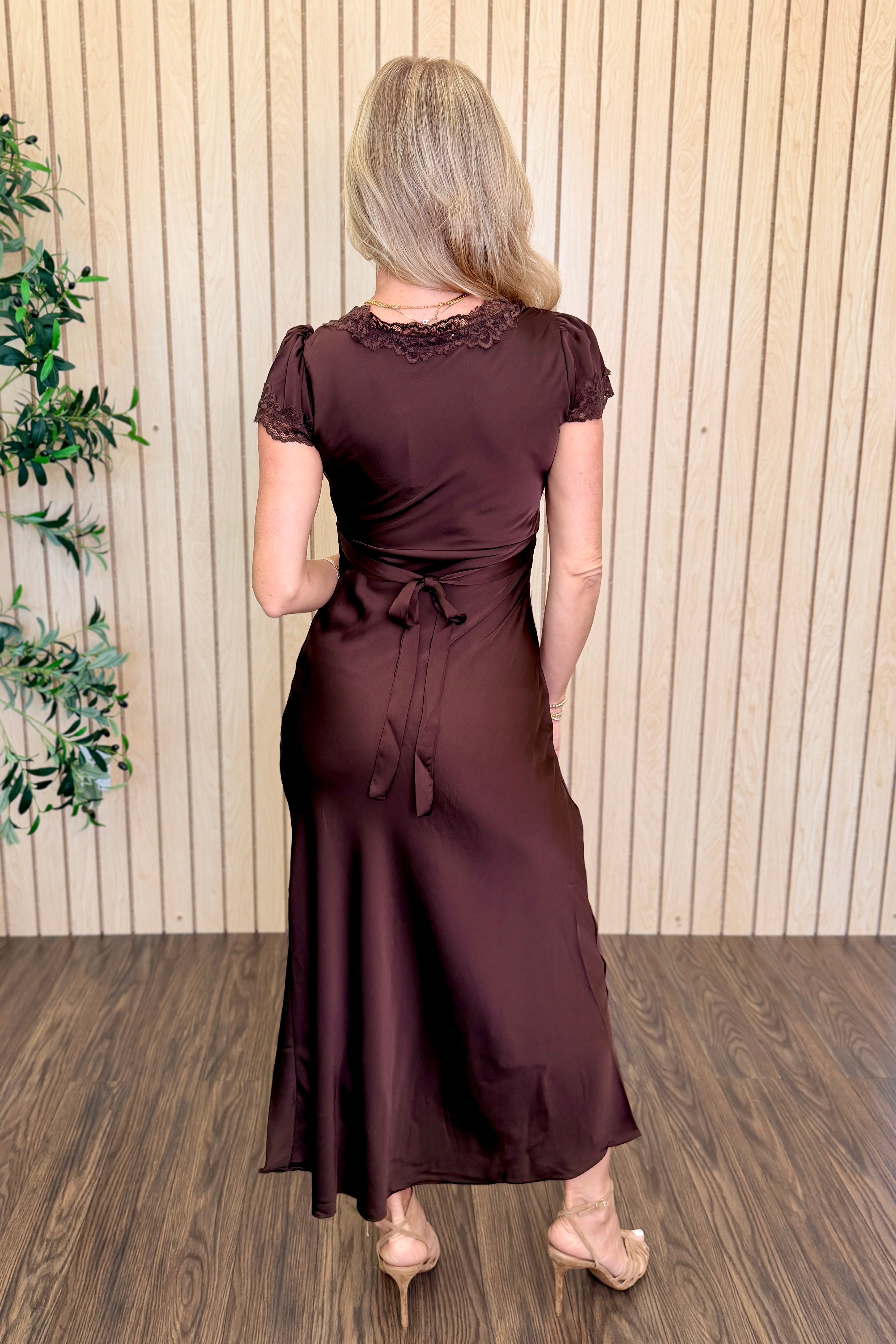 Dusk Satin Lace Puff Sleeve Midi Dress
