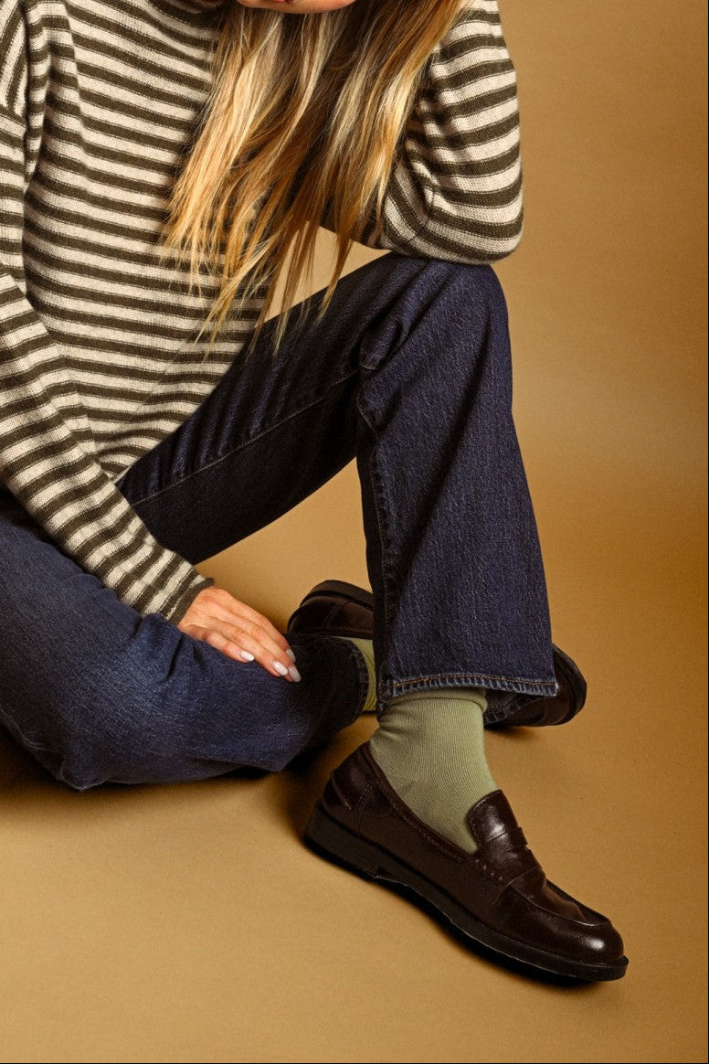 Everyday Solid Crew Socks in Green worn with denim and loafers