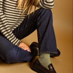Everyday Solid Crew Socks in Green worn with denim and loafers
