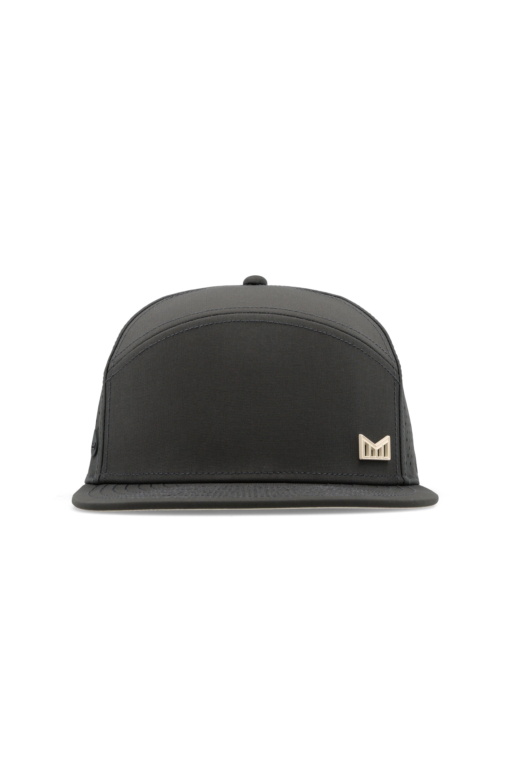 The frontal view of the melin Horizon Fit Trenches Icon Hydro hat in faded black