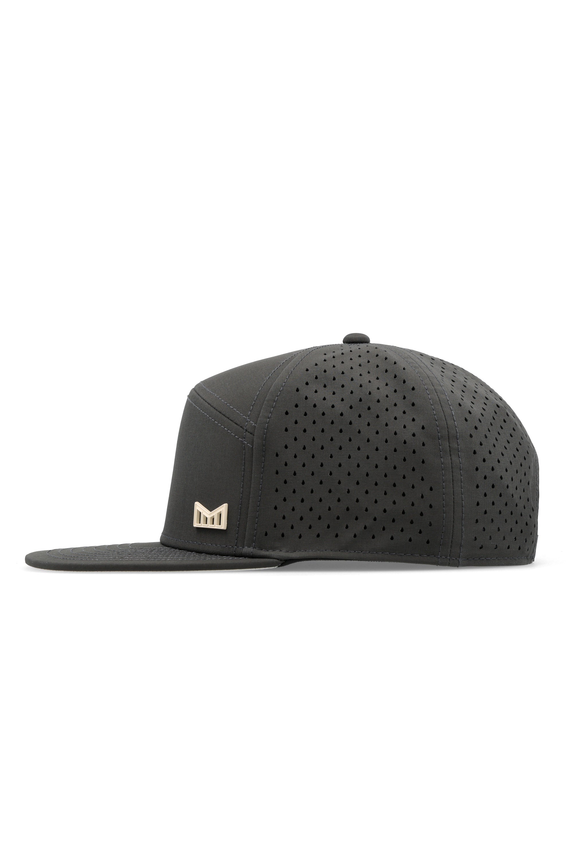 The side view of the melin Horizon Fit Trenches Icon Hydro hat in faded black