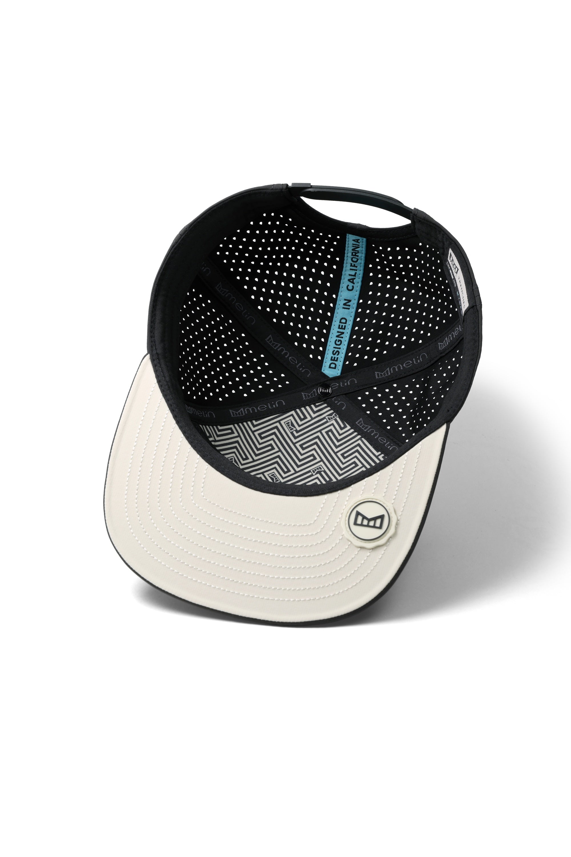 The inside view of the melin Horizon Fit Trenches Icon Hydro hat in faded black