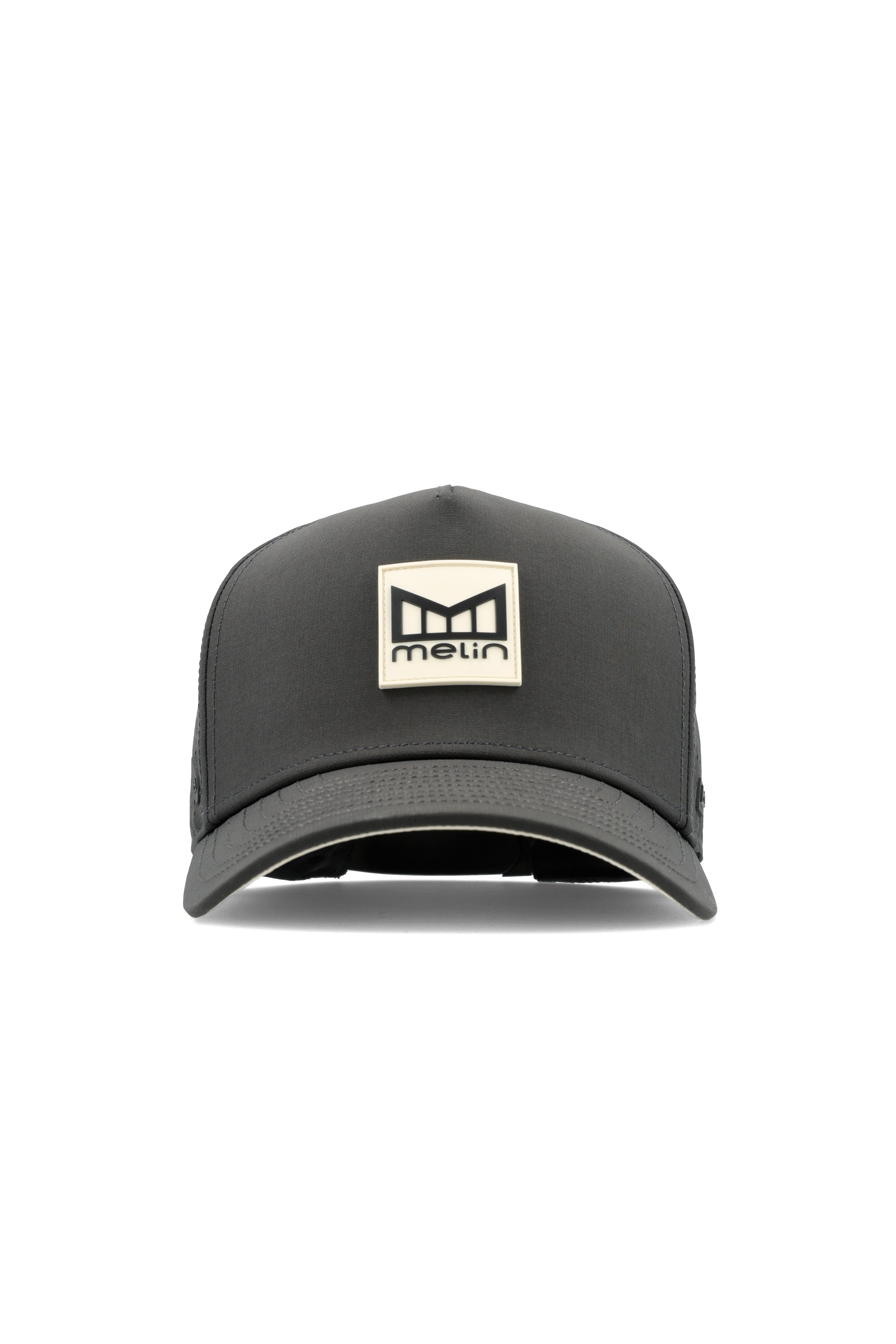 The frontal view of the melin Split Fit Odysea Stacked Hydro hat in faded black