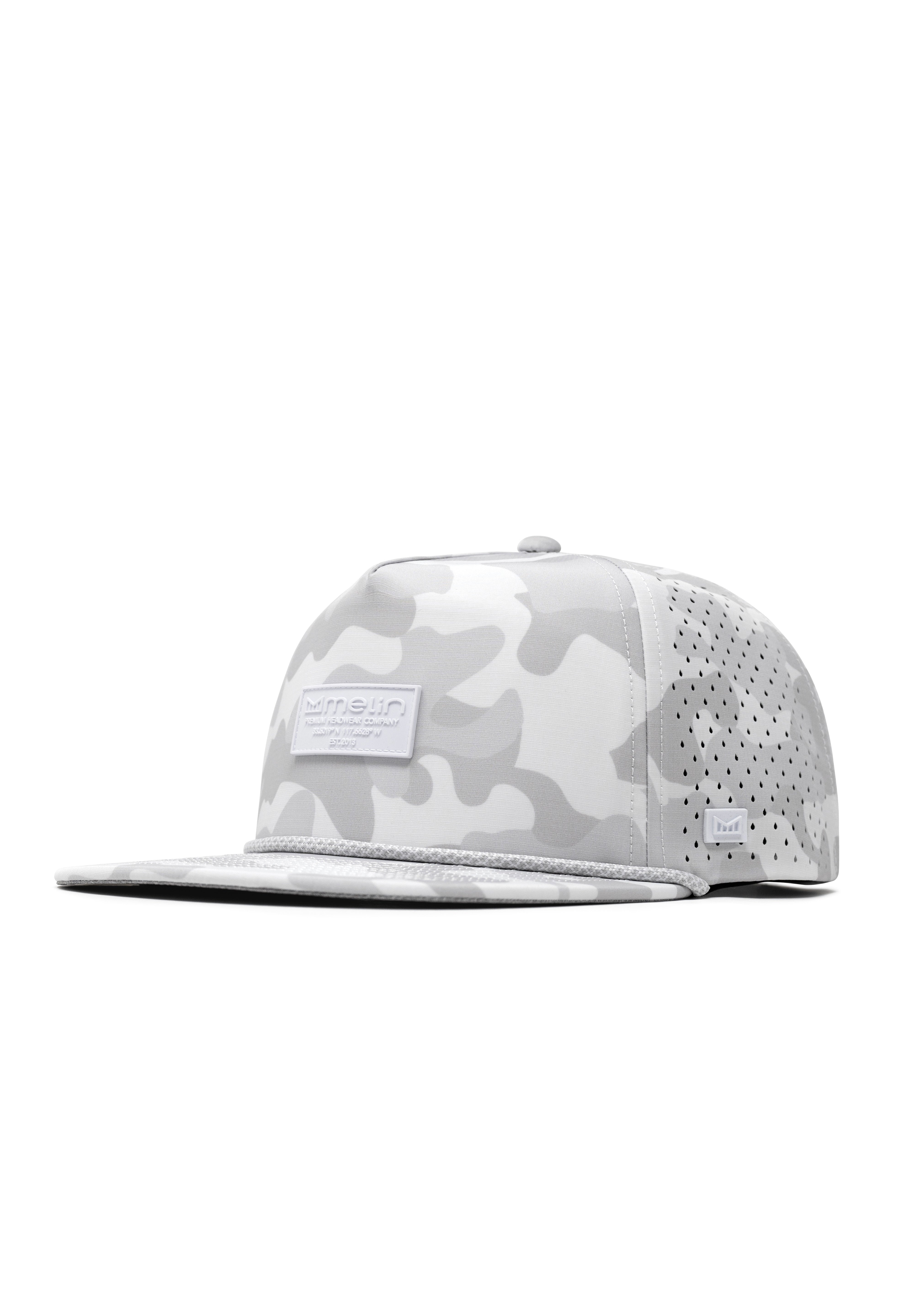 melin Coronado Brick Hydro snapback hat in Snow Camo - front angled view
