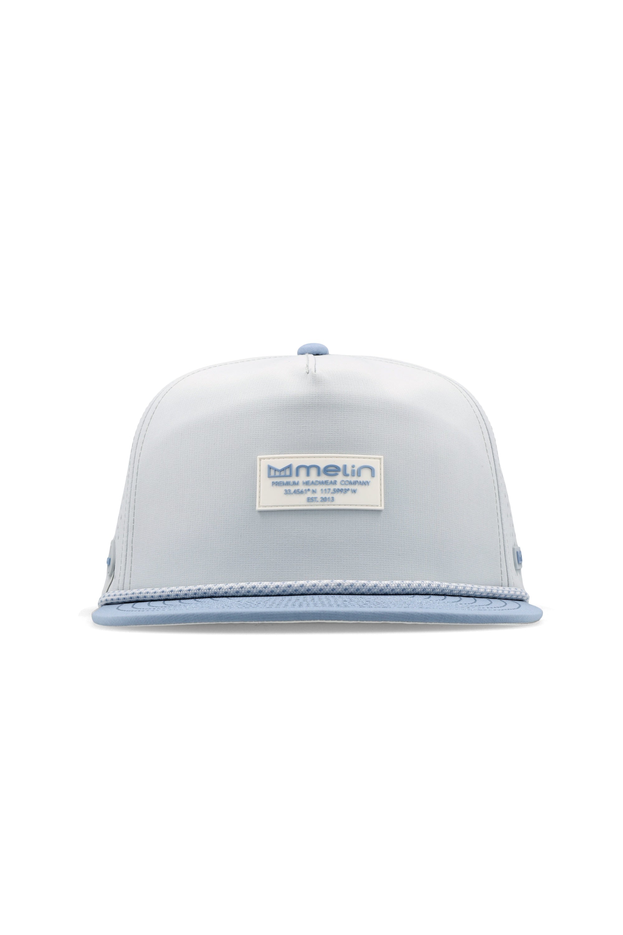 The frontal view of the melin Split Crushed Fit Coronado Brick Hydro hat in clear lake
