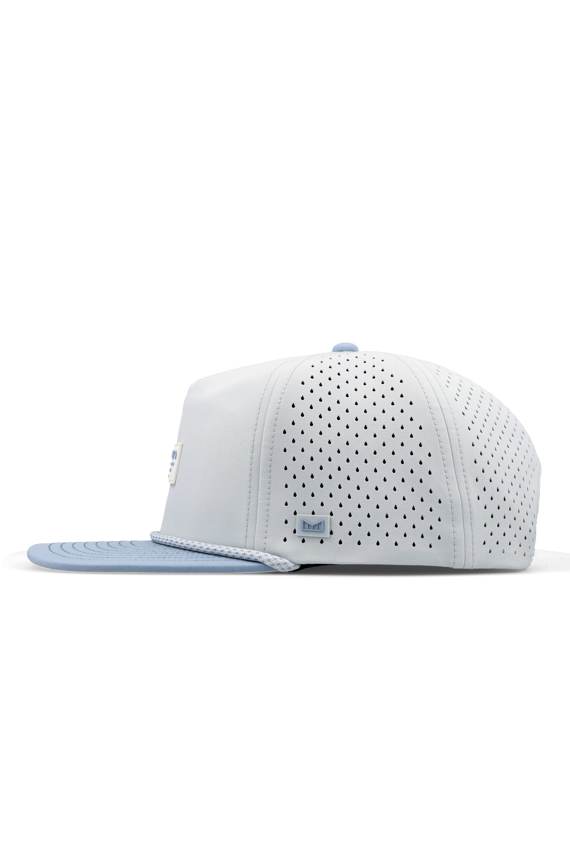 The side view of the melin Split Crushed Fit Coronado Brick Hydro hat in clear lake