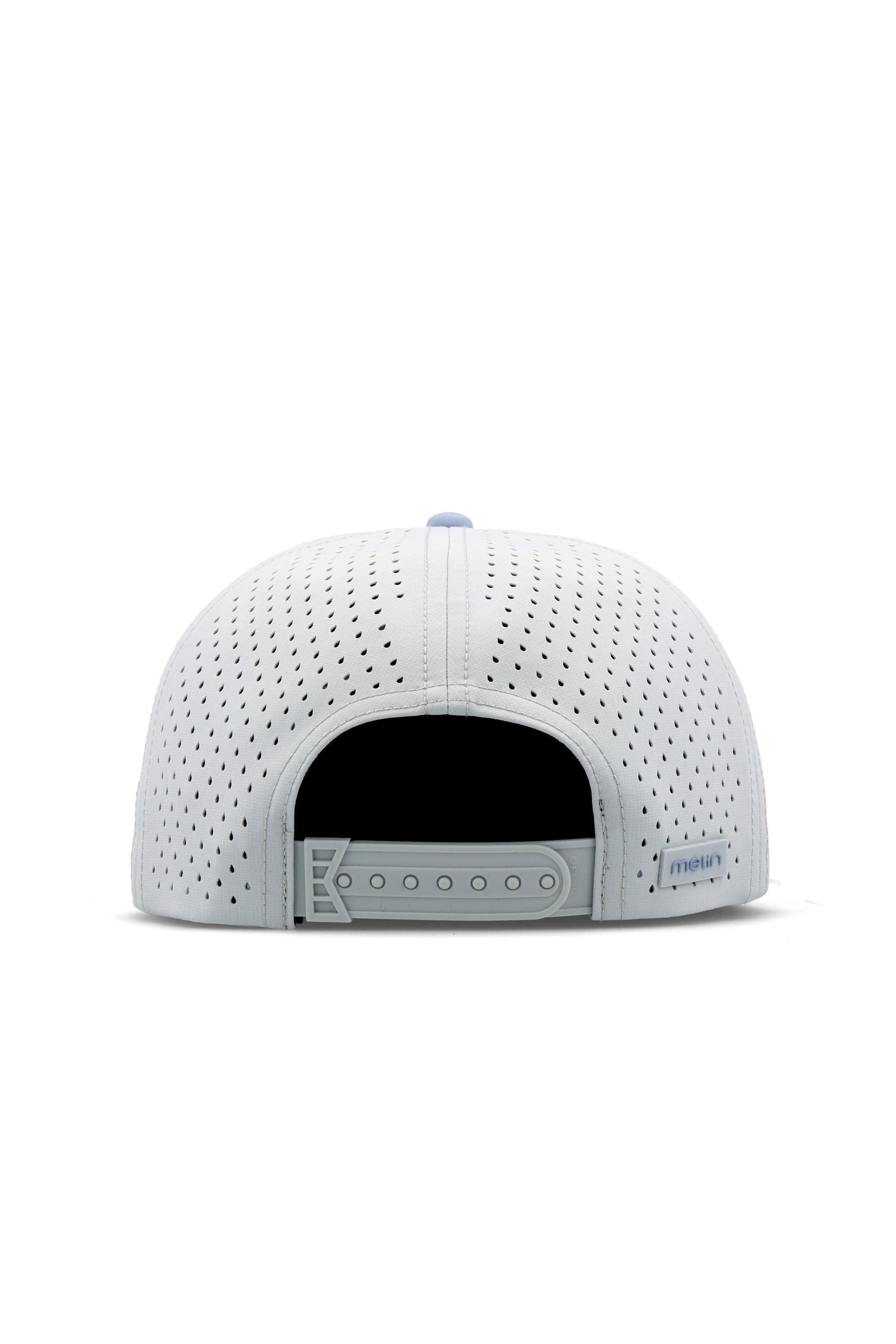 The back view of the melin Split Crushed Fit Coronado Brick Hydro hat in clear lake