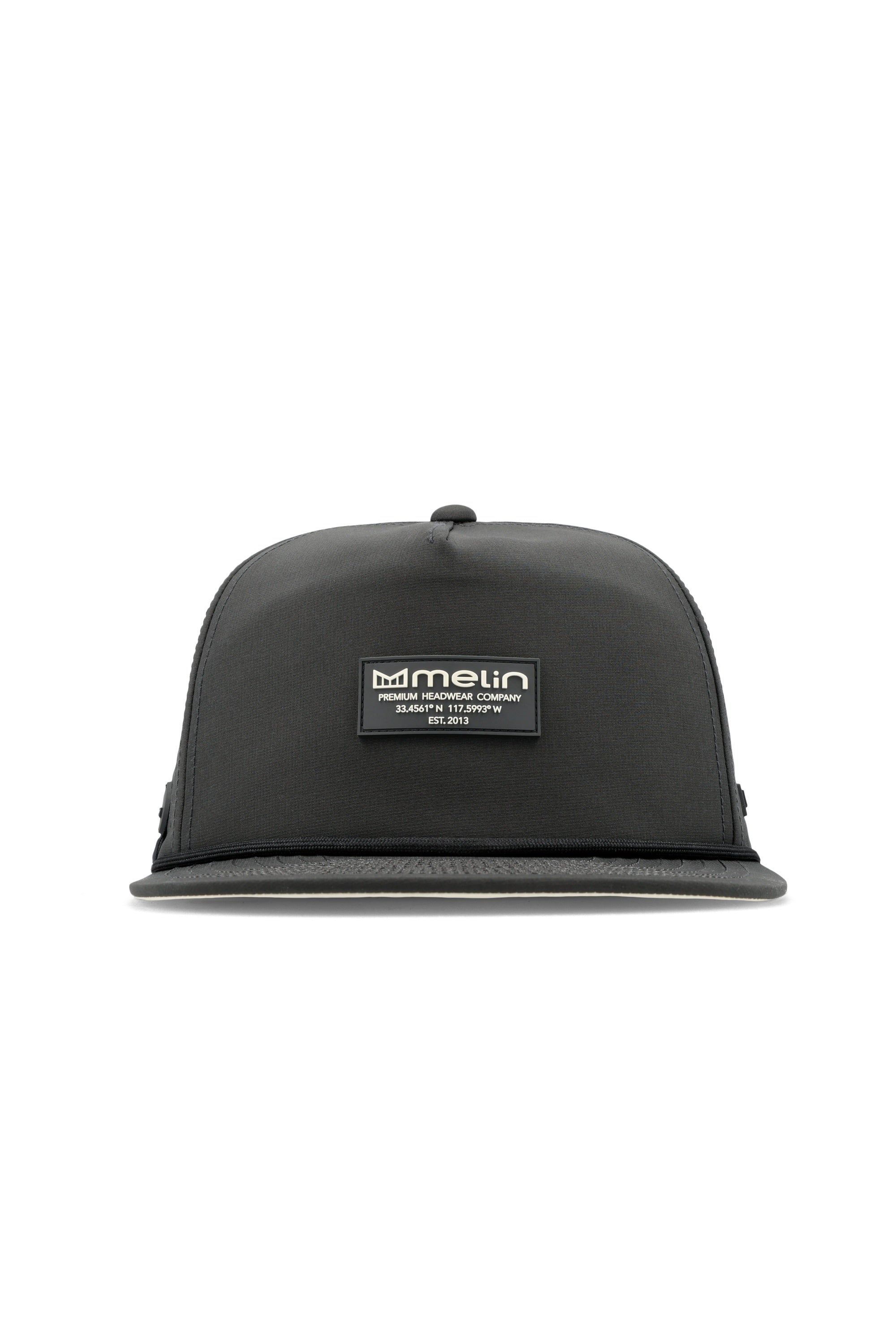 The frontal view of the melin Split Crushed Fit Coronado Brick Hydro hat in faded black