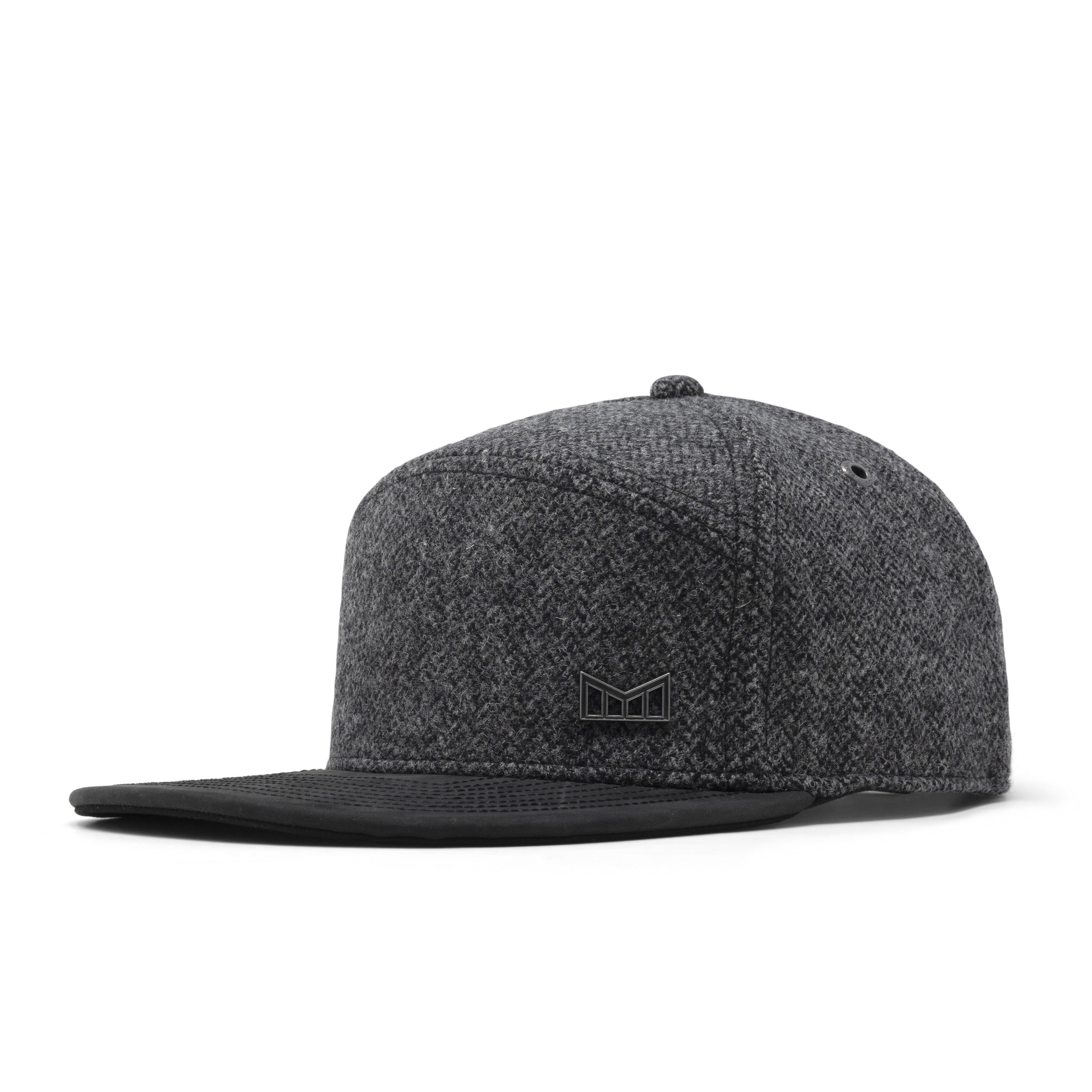 Gray herringbone cap with a brand logo on a white background