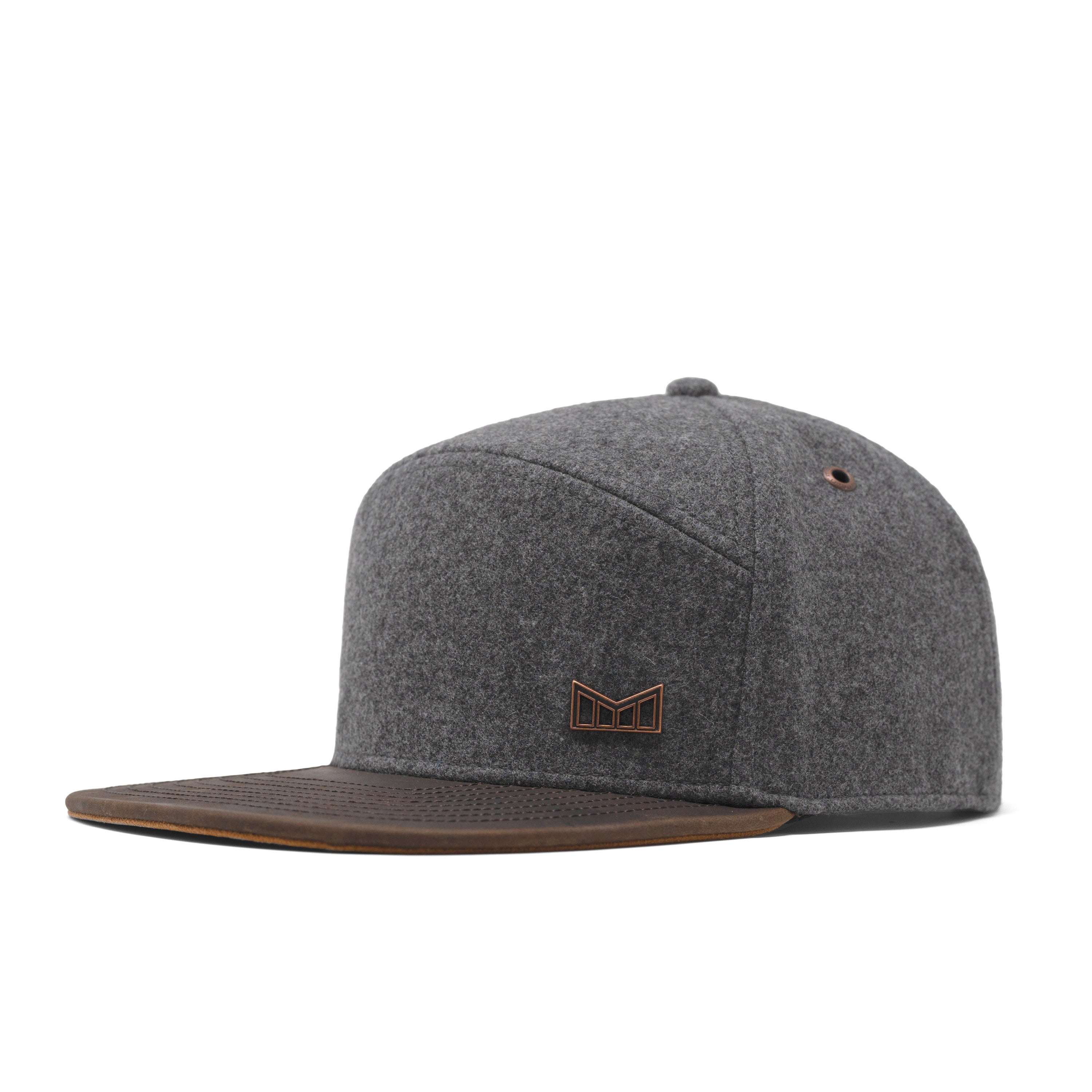 Gray cap with brown leather brim and logo on a white background