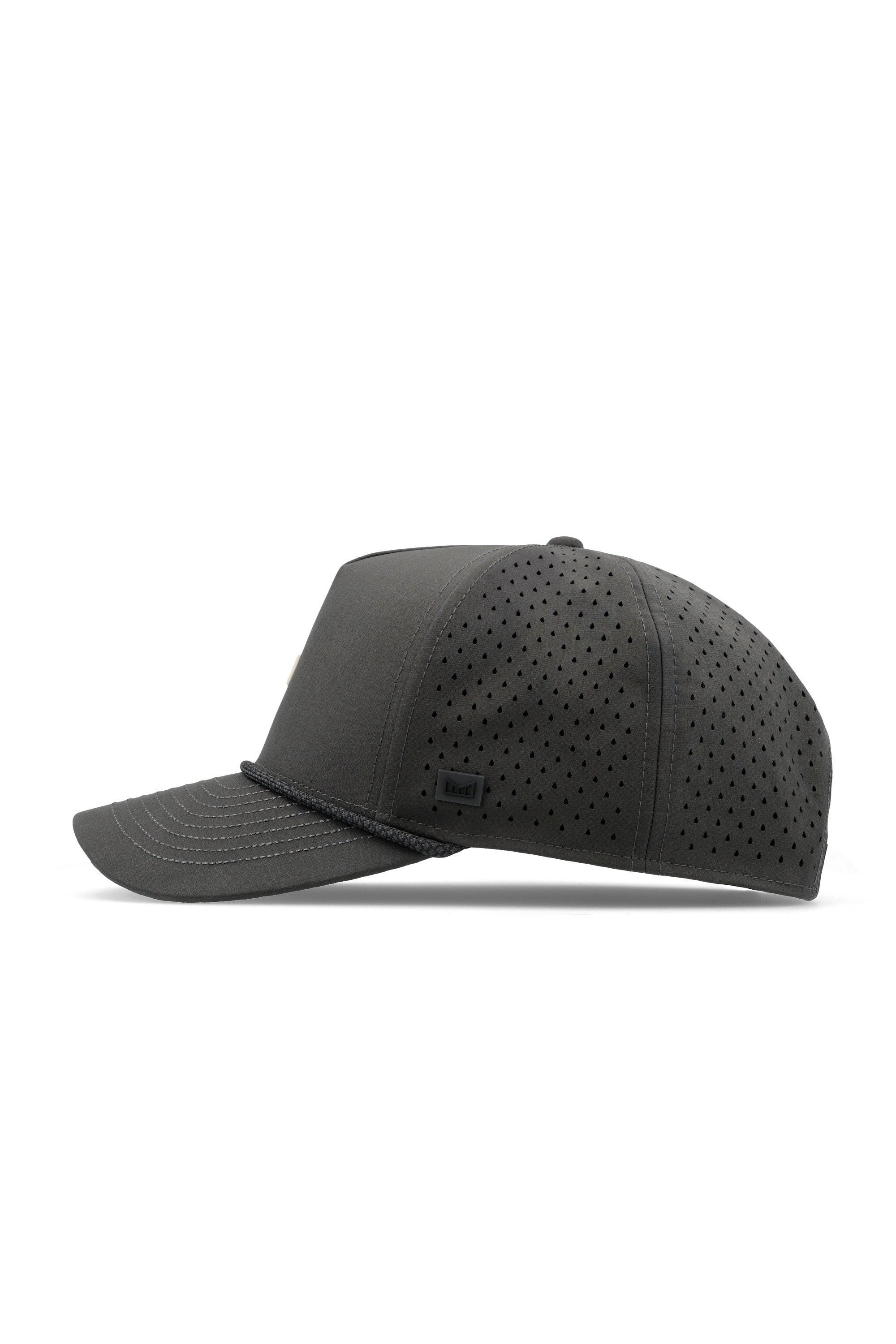 The side view of the melin Split Fit Odysea Rope Bulls Icon Hydro hat in faded black