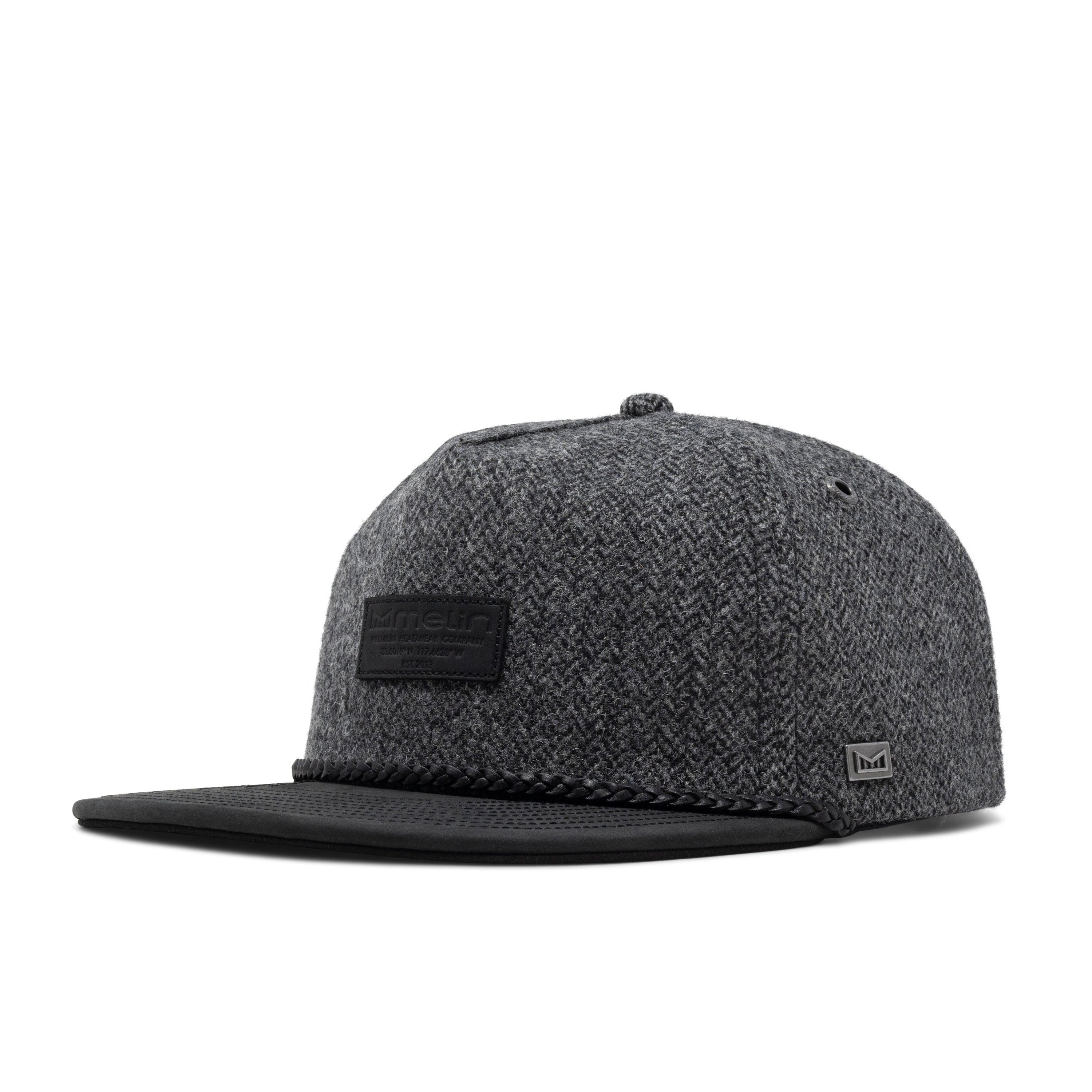 Gray textured cap with a black patch on a white background