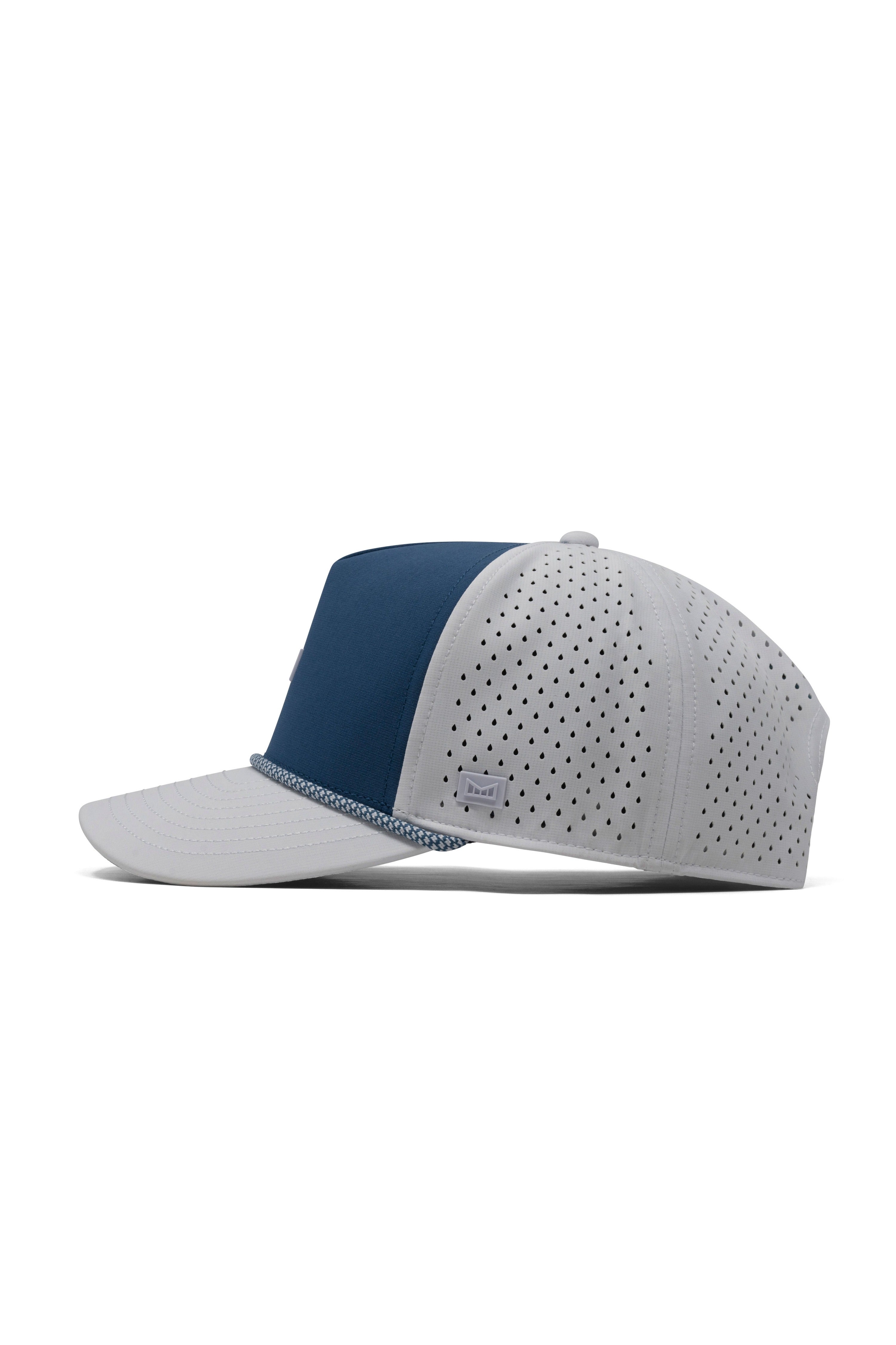 Melin Hydro Odysea Rope Seaport snapback in Steel Blue/White, side view with rope brim detail