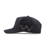 Melin Hydro Odysea Rope MPH Garage snapback in black, side view showing checkered flag panel