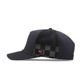 Melin Hydro Odysea Rope MPH Garage snapback in black, side view showing checkered flag panel