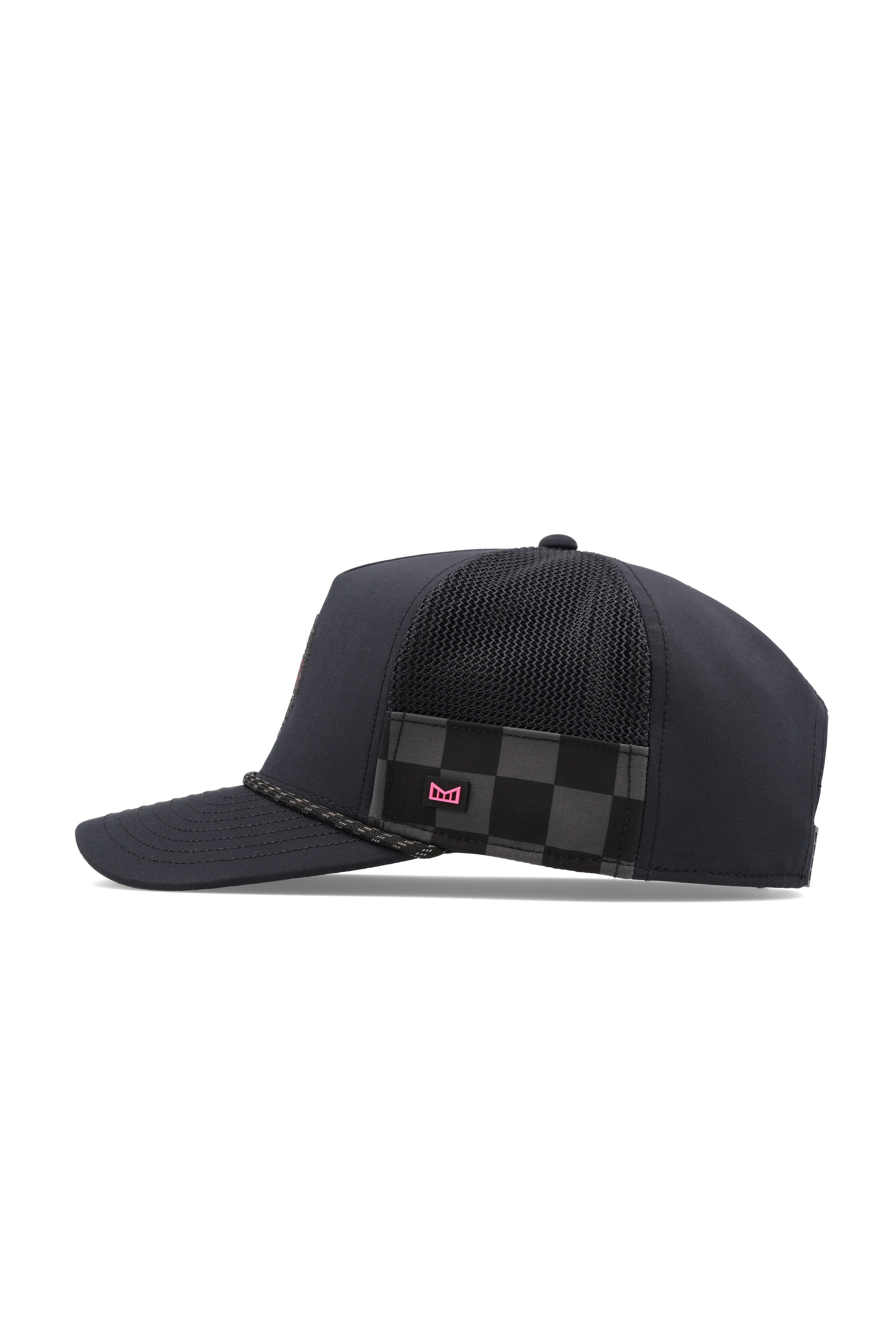 Melin Hydro Odysea Rope MPH Garage snapback in black, side view showing checkered flag panel