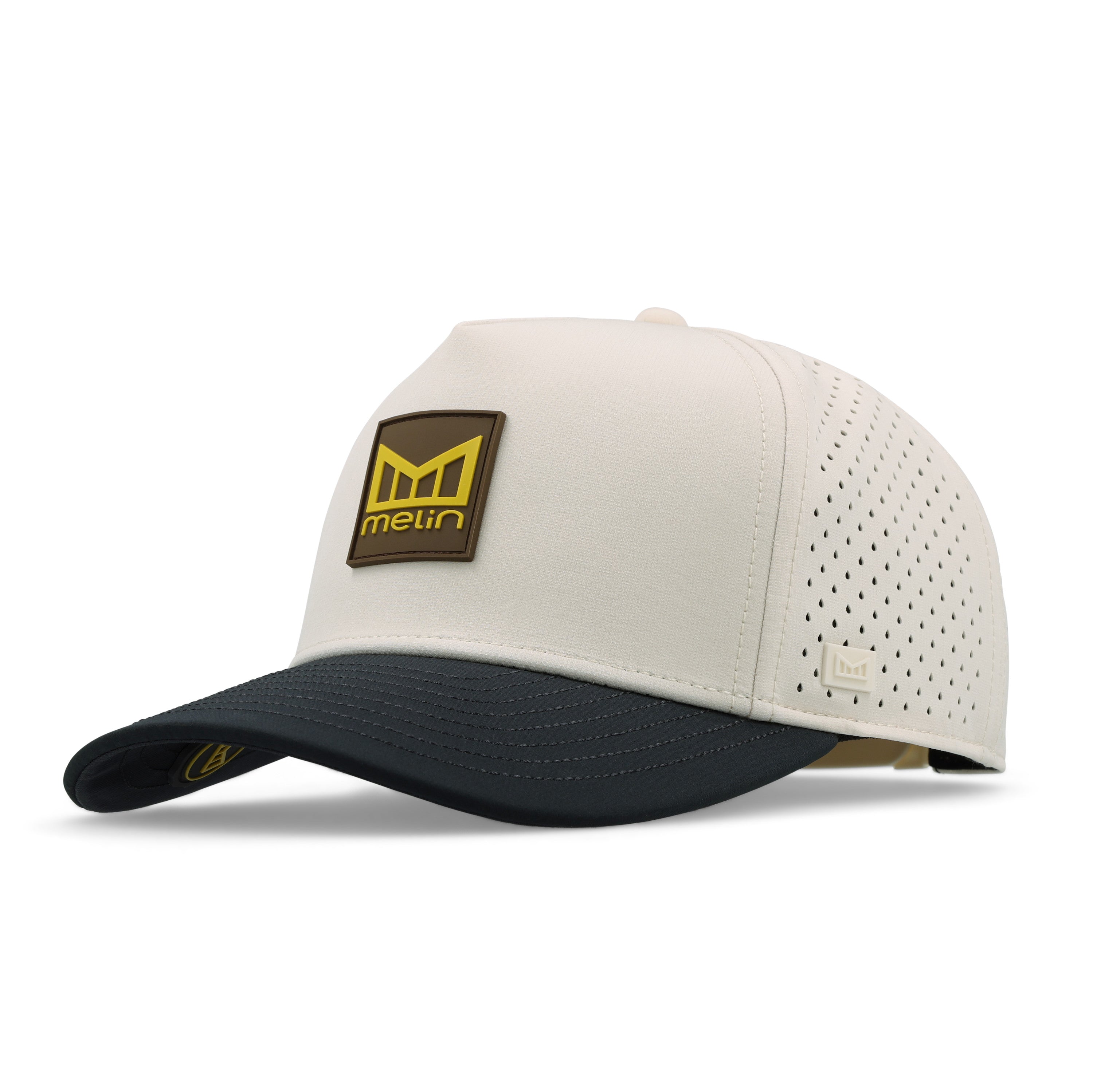 Beige and navy cap with a logo on a white background