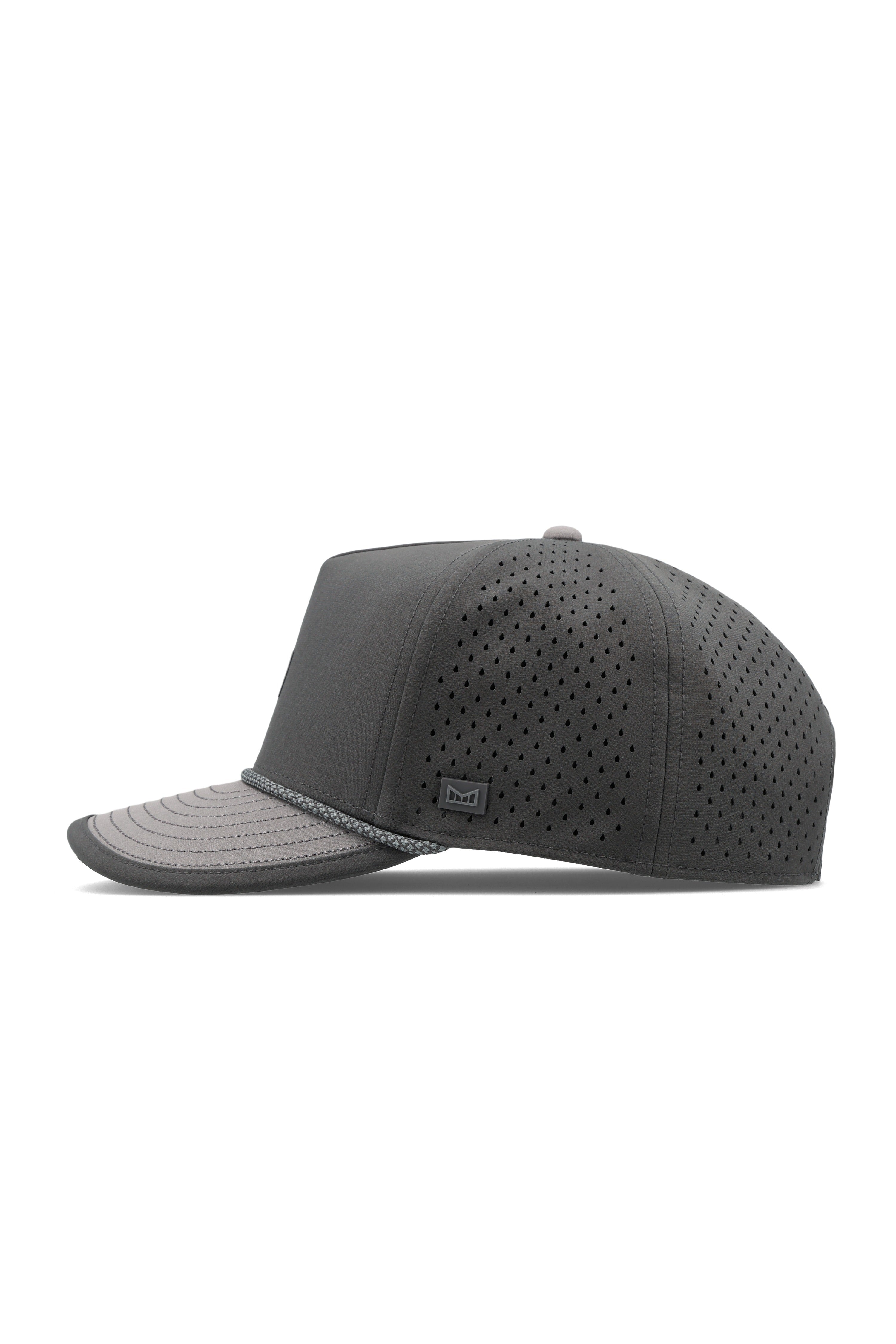 Melin Hydro Odysea Rope Streamline snapback in Raven, side view with rope brim detail