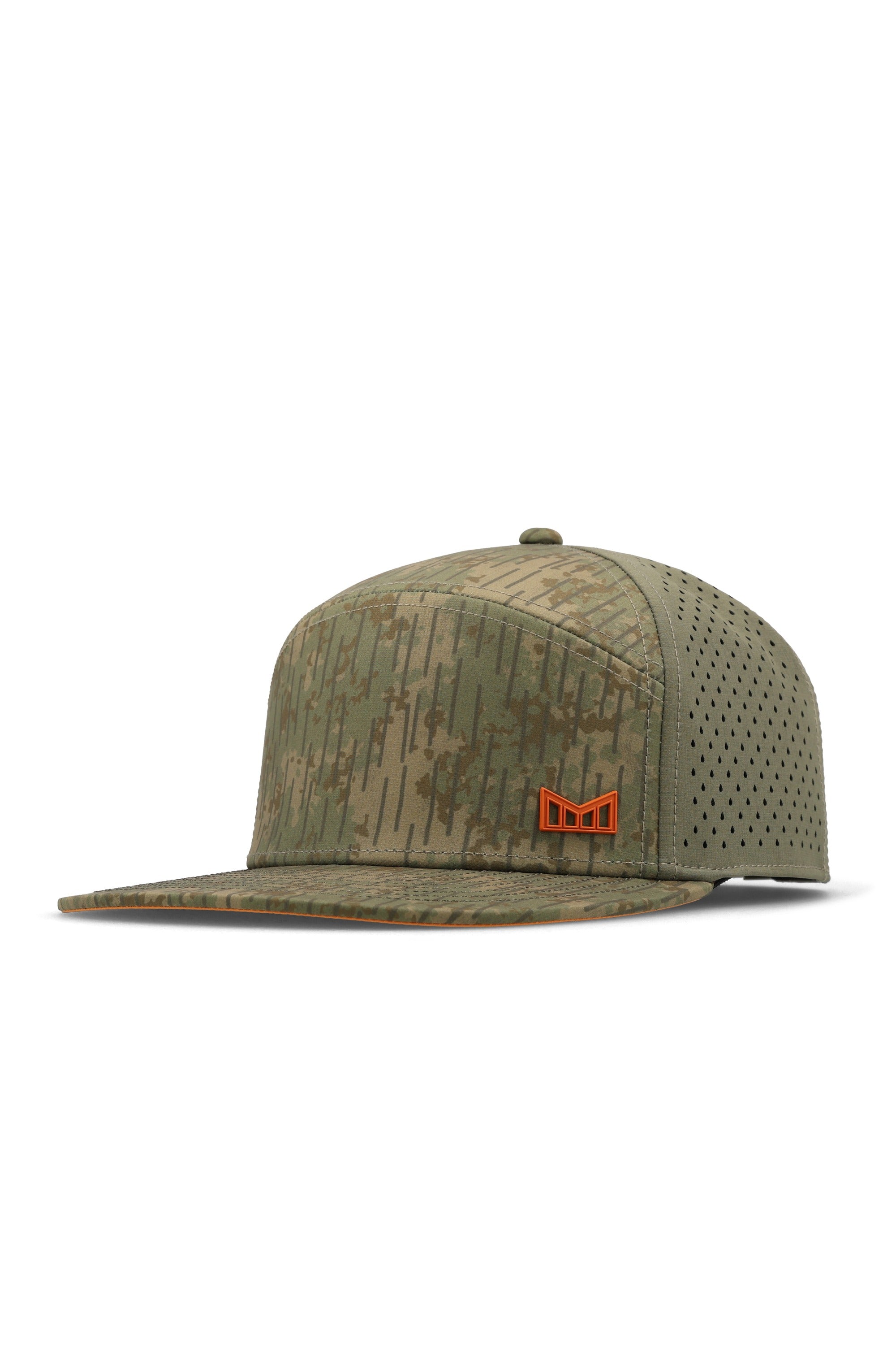 melin Hydro Trenches Rain Camo snapback hat, angled front view